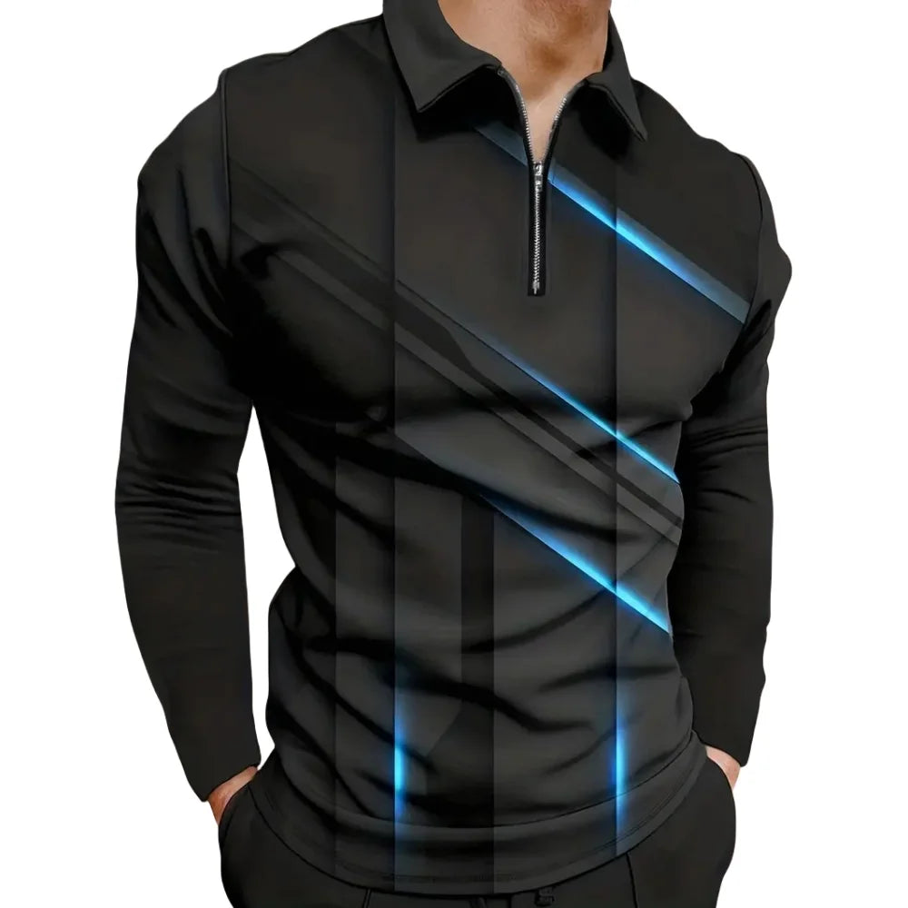 Mens Polo Shirts Cool 3D Geometric Print Casual Lapel Golf Wear Men's T-Shirt Tops Street Sports Zipper Long Sleeve Men Clothing