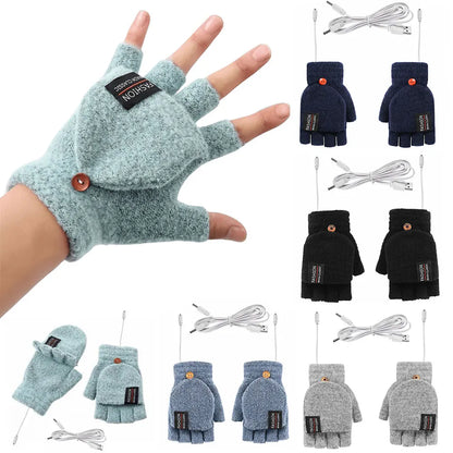 USB Electric Heated Gloves Touchscreen Double-Sided Heating Gloves Fingerless Hands Warmer Winter Skiing Cycling Thermal Gloves