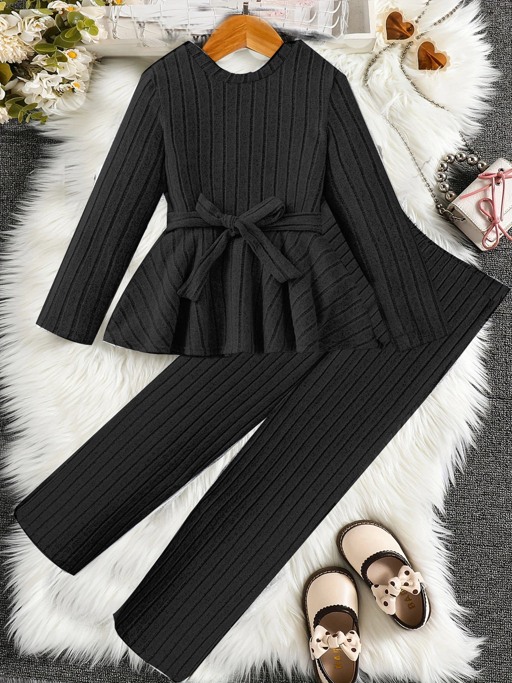 Two Piece Set  Girls' Set Winter Long Sleeved Casual Ruffle Edge Skirt For Girls' Clothing Wide Leg Pants For Big Boys Versatile