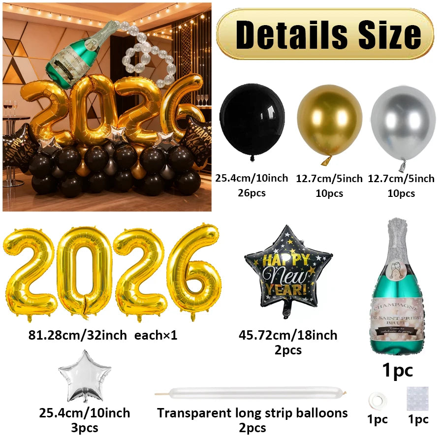 2026 New Year Party Balloon Set Wine Bottle Shaped Aluminum Film Balloon Gold Silver Black Balloon New Year Carnival Decoration