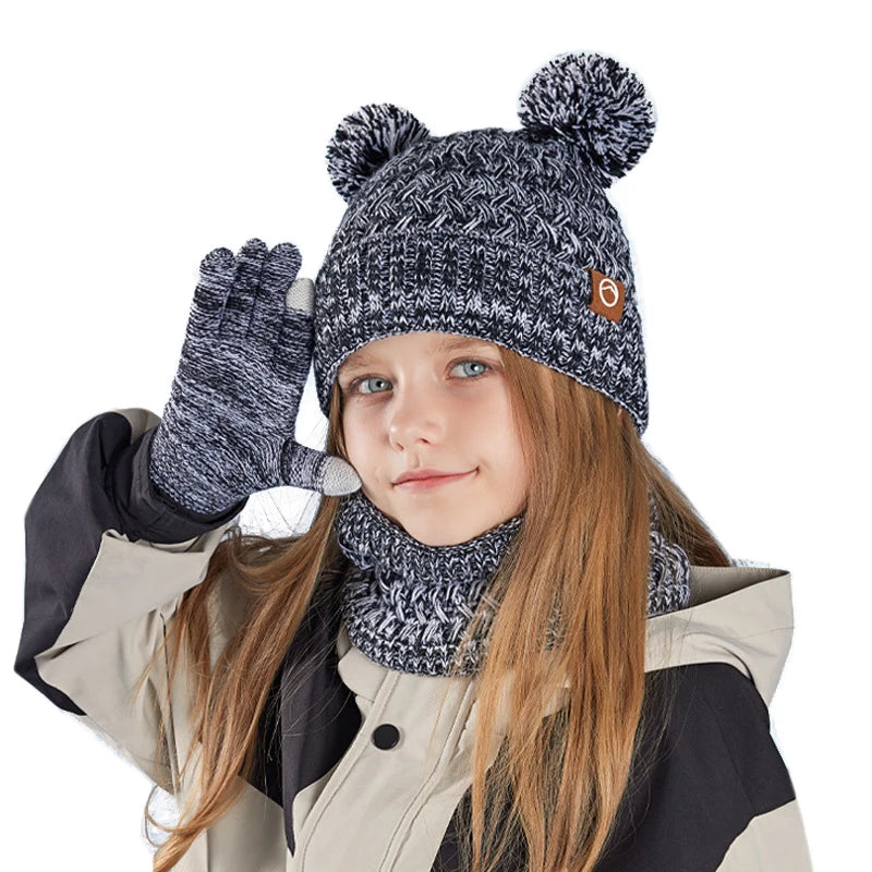 3Pcs Winter Kids Hat Set for Girls Boys Warm Knitted Children Beanie Scarf Gloves Fleece Lining Pompom Children Cap 4-10Y