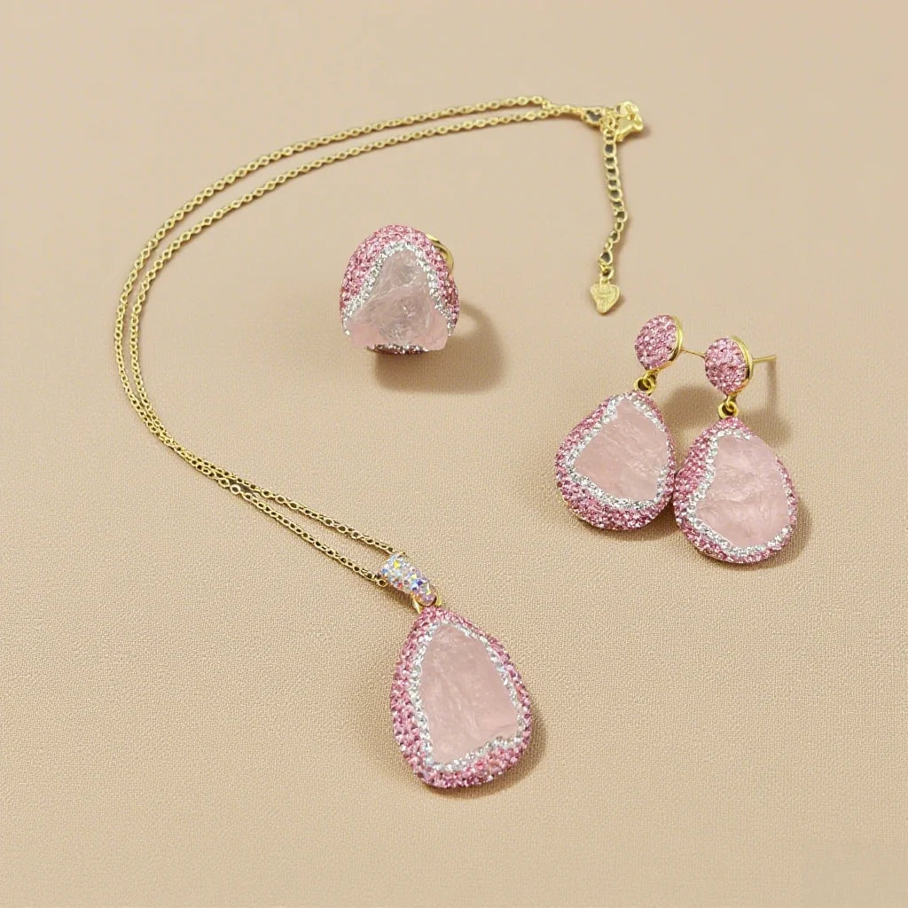 Healing Crystal Jewelry Set Rough Natural Pink Crystal Necklace Earring Ring for Women Handmade Raw Quartz Stone Wedding Gift