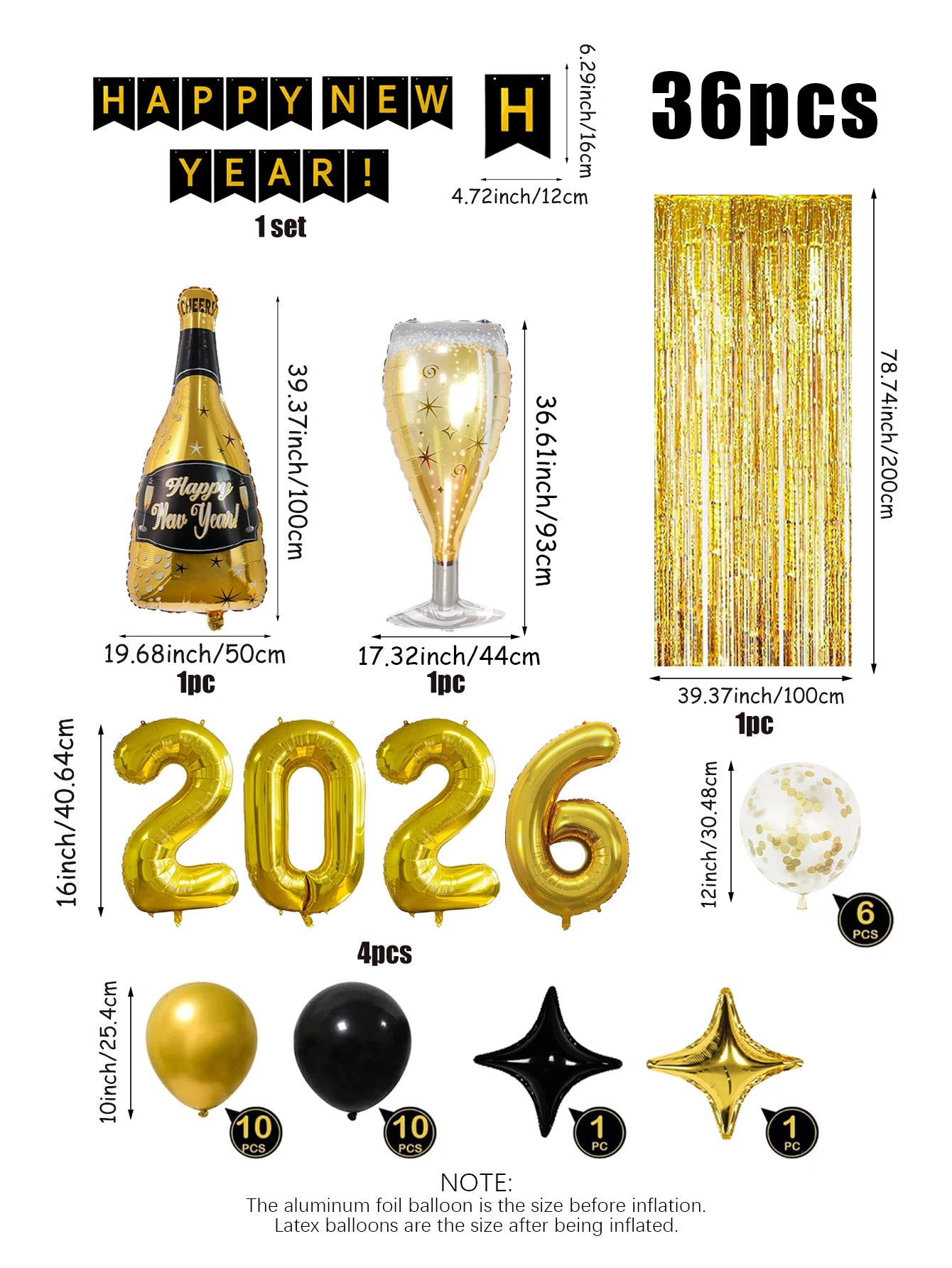 36PCS/Set 2026 New Year's Eve party balloon decorations, suitable for 2026 New Year's party, New Year's party decorations
