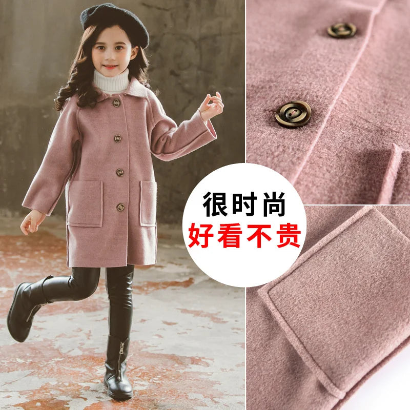 Winter Kids Tweed Coats Autumn Girls Warm England Style Mid-Length Jackets Teen Fashion Outerwear Child 5-12 Years Old