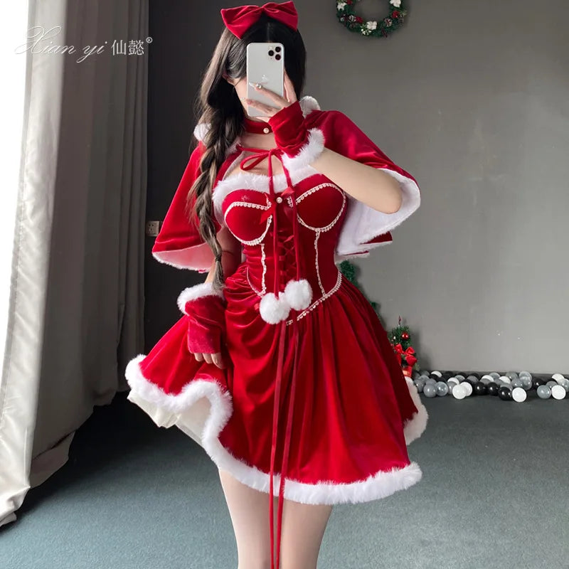 Cute Chic Lady Christmas Tube Dress Women Santa Claus Cosplay Costume with Fur cape New Year Lolita Party Costume