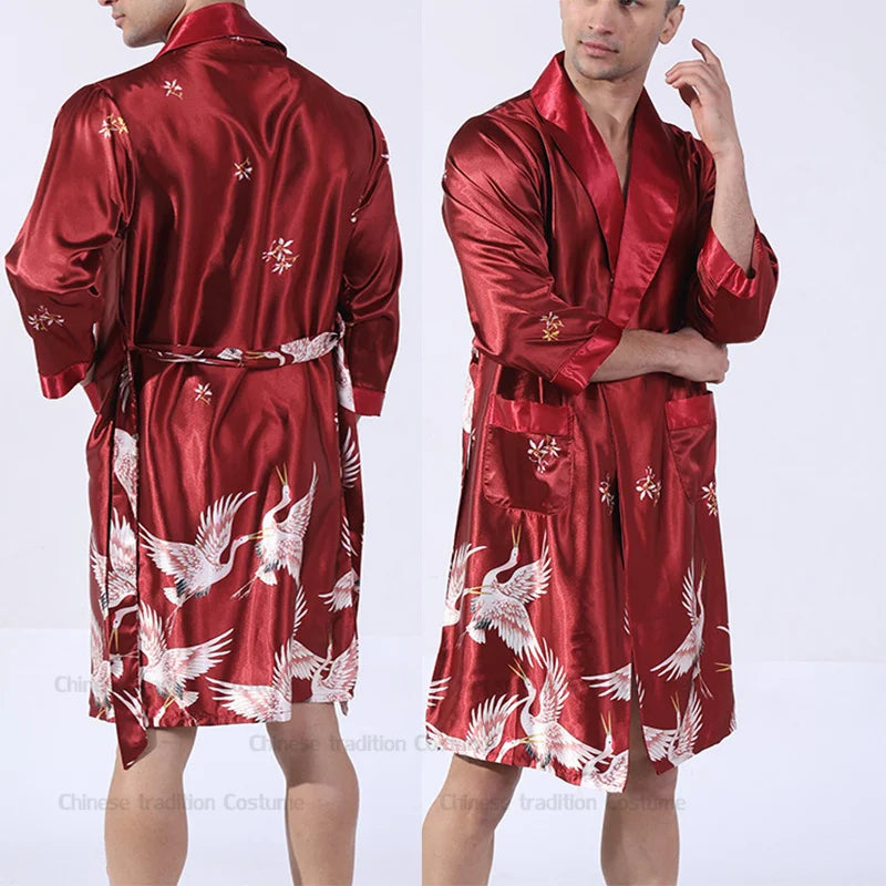 Men Kimono Satin Home Bathrobe Gown Satin Sleepwear Loose Loungewear Lapel Peignoir Homme Loose Nightwear Male Dressing Gown