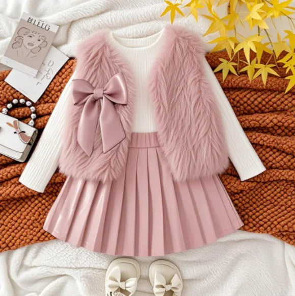 3pcs set kids Winter autumn Warm dres set skirt Girls children vest Sweaters with Long-sleeved Tops Leather SkirtThree-piece Set