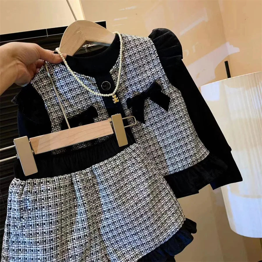 New Girls Autumn Winter Plaid Three Piece Set Solid Long Sleeves Top Boutique Vest Sister Matching Fashion Shorts for Girl