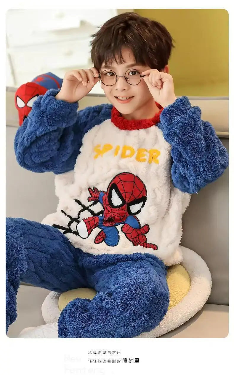 New Autumn Winter Children Flannel Pajama Set Teen Boys Cartoon Spiderman Velvet Thicken Long Sleeves Pants 2pcs Kids Sleepwear