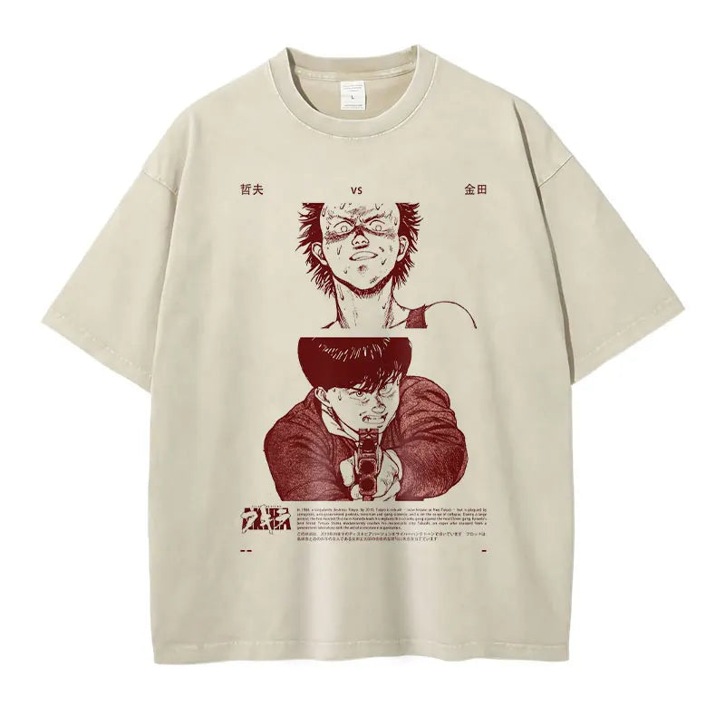 Anime Akira T-shirts Oversized Streetwear Vintage Washed Kaneda Shoutarou T Shirt Short Sleeve Retro Manga Tops Tees Men Cotton