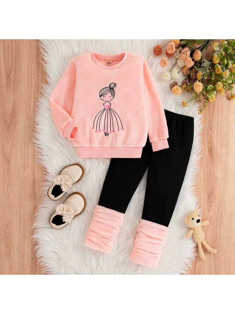 Kids Girls' Winter Outfit Set Long Sleeve Round Neck Top & Pants Costumes Girls Clothes For Toddlers Children Clothing 2 To 8