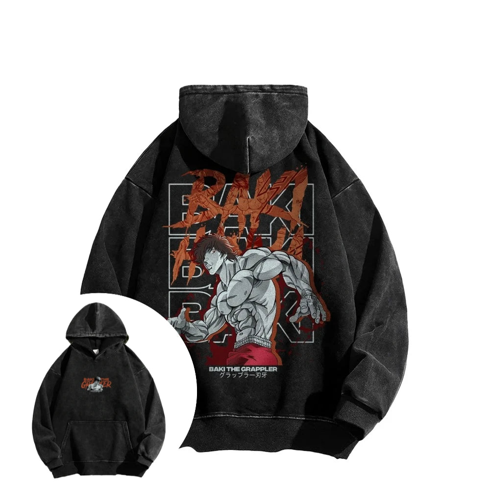 Harajuku Japanese Anime Hoodie Vintage Washed Cotton Pullover Streetwear Oversize Casual Hip Hop Hooded Sweatshirt Men Women Y2k