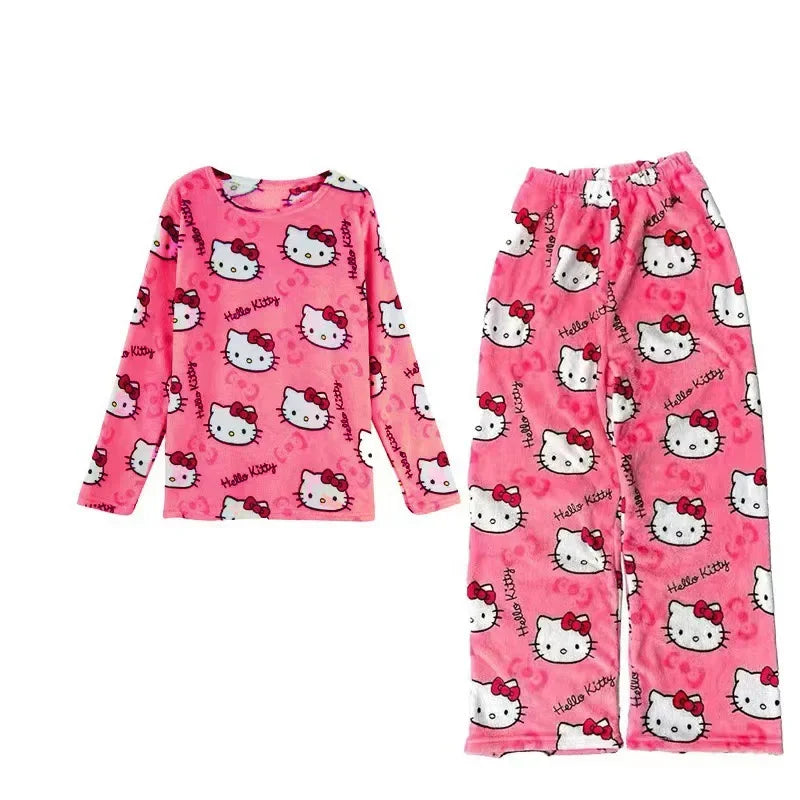 Winter Hello Kitty Pajamas Set Flannel Pants Kawaii Cartoon Pajama Suit Warm Thickened Woman Pants Plush Homewear Cute Sleepwear