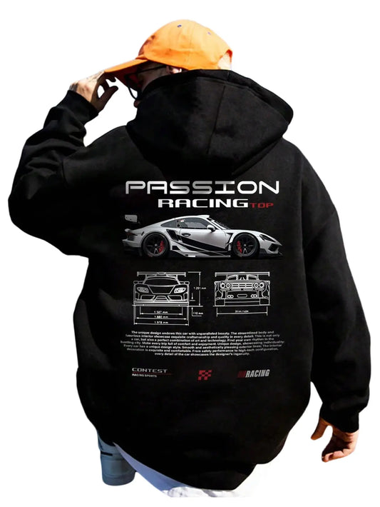 Men's vintage patterned hooded sweatshirt long sleeves drawstring hood sporty autumn pullover