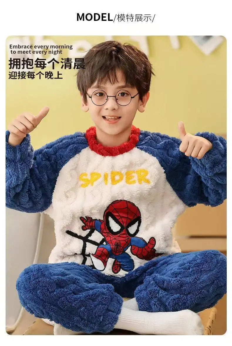 New Autumn Winter Children Flannel Pajama Set Teen Boys Cartoon Spiderman Velvet Thicken Long Sleeves Pants 2pcs Kids Sleepwear