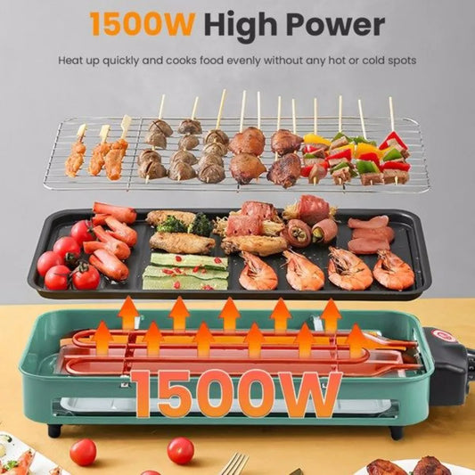 1500W Electric Indoor Grill 2 in 1 Electric BBQ Gill with Grill Net Removable Plate 5 Temperature Control 3 Small Trays Dishwas