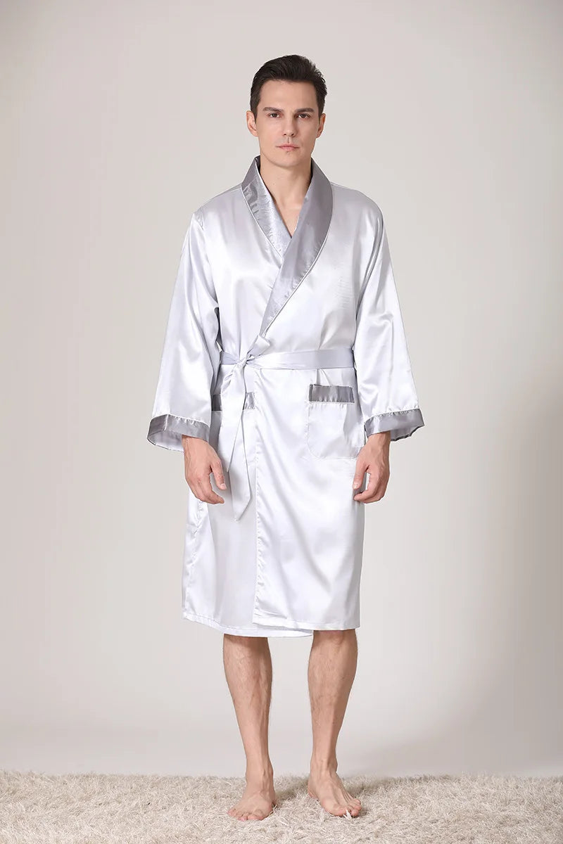 Men Kimono Satin Home Bathrobe Gown Satin Sleepwear Loose Loungewear Lapel Peignoir Homme Loose Nightwear Male Dressing Gown