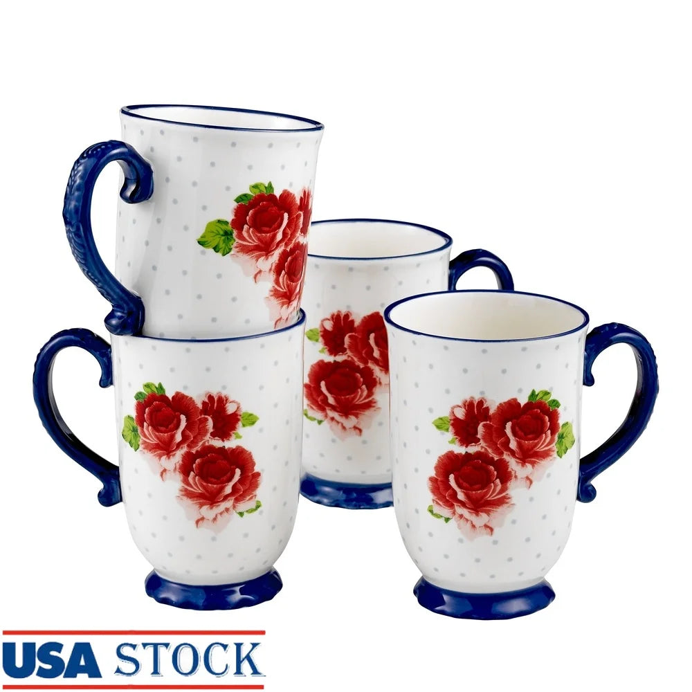 Heritage Floral Coffee Mug Set 4-Piece Stoneware Tea Cups Dishwasher Microwave Safe Rustic Kitchen Gift