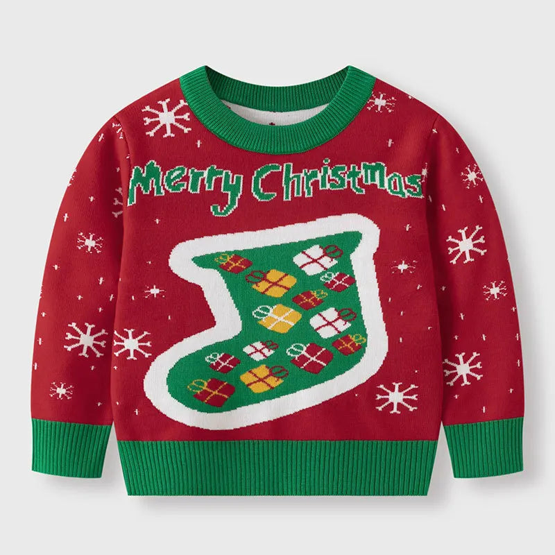 Kids Christmas Plush Pullover Sweater Warm Winter Autumn Cartoon Print Green O-Neck Unisex Clothing for Boys And Girls 2-7 Years