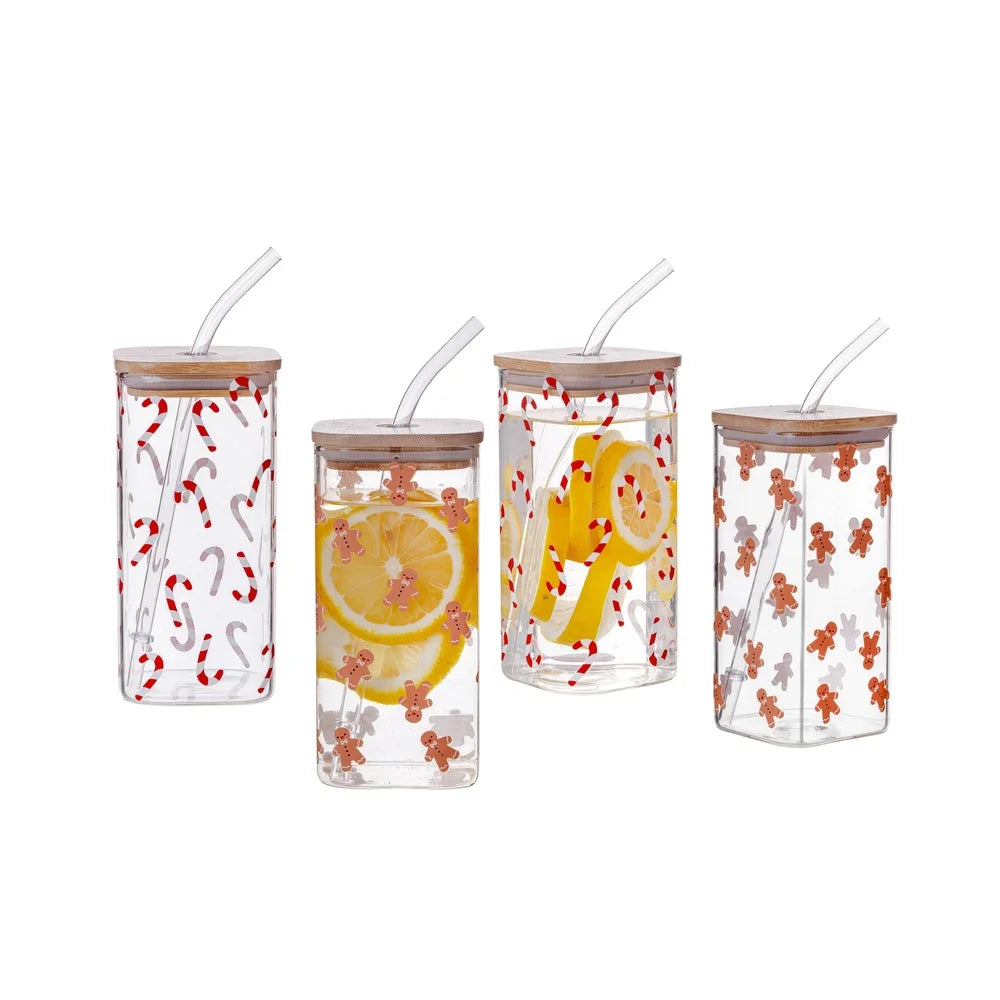 Gingerbread Man Candy Cane Clear Glass Sipper Set 4pack Durable Borosilicate Square Mug with Bamboo Lid and Straw Holiday