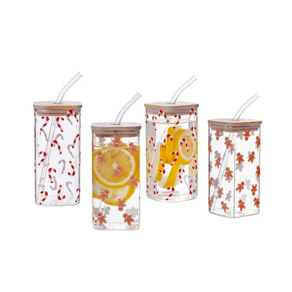 Gingerbread Man Candy Cane Clear Glass Sipper Set 4pack Durable Borosilicate Square Mug with Bamboo Lid and Straw Holiday