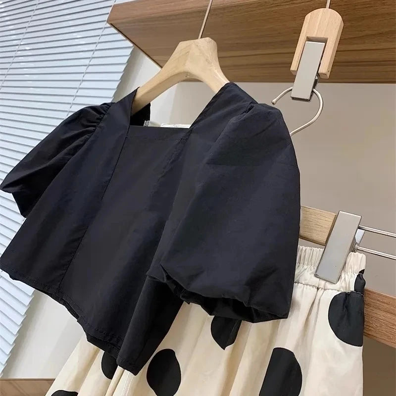 Teenage Girl Clothing Set Summer New Cotton Square Neck Bubble Sleeve Top Dot Half Skirt 2-piece Set Children's Skirt Set