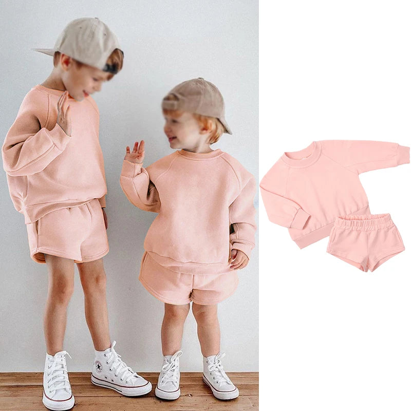2025 New Winter Kids Boys Girls Clothes 2 Pieces Tracksuit Outfits Set Solid Top Sweatshirt+Elastic Joggers Shorts Causal Suit