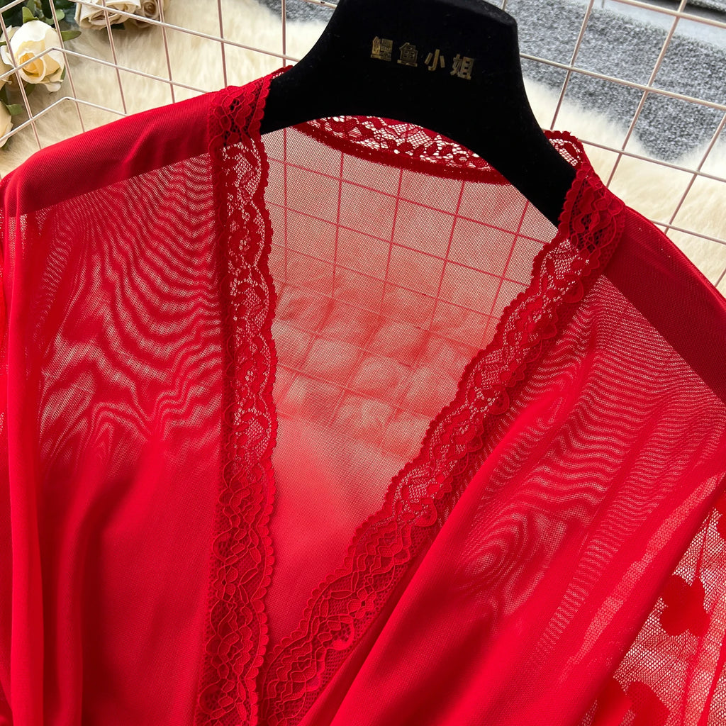 SINGREINY Women Elegant Sheer Sexy Cardigan Robes Wools Spliced Long Sleeve Shawls Fashion French Gauze Transparent Long Robes