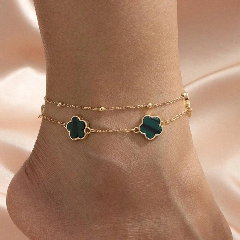 Elegant Double Layer Five-Leaf Clover Anklet for Women Exquisite Lucky Floral Summer Beach Hoilday Jewelry Gifts