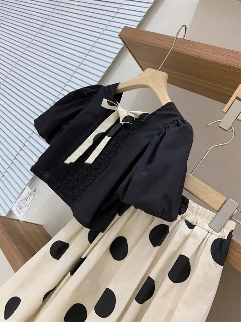 Teenage Girl Clothing Set Summer New Cotton Square Neck Bubble Sleeve Top Dot Half Skirt 2-piece Set Children's Skirt Set