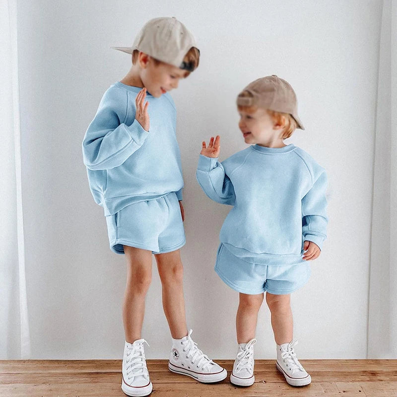 2025 New Winter Kids Boys Girls Clothes 2 Pieces Tracksuit Outfits Set Solid Top Sweatshirt+Elastic Joggers Shorts Causal Suit