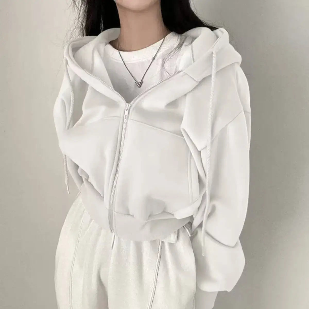 Korean Hood Shirt Women Fashion Fleece Lined Loose Hoodies Zipper Long Sleeve Crop Tops Harajuku Female Jackets Coats Sweatshirt