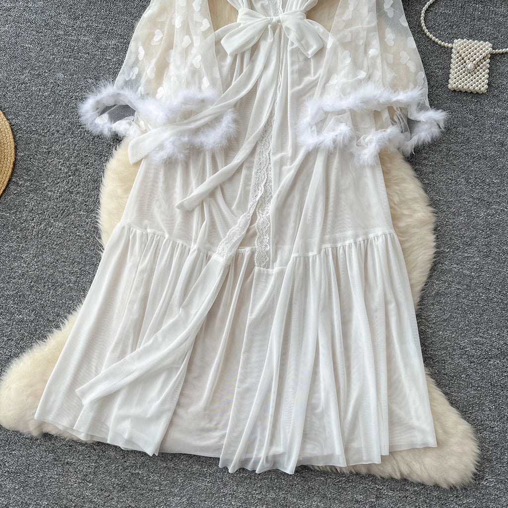 SINGREINY Women Elegant Sheer Sexy Cardigan Robes Wools Spliced Long Sleeve Shawls Fashion French Gauze Transparent Long Robes