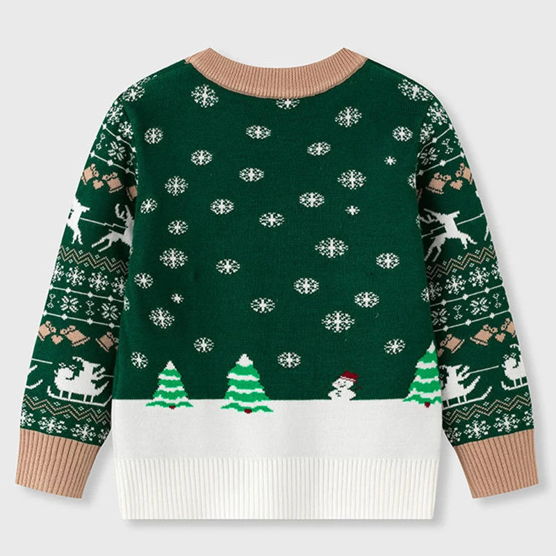 Kids Christmas Plush Pullover Sweater Warm Winter Autumn Cartoon Print Green O-Neck Unisex Clothing for Boys And Girls 2-7 Years