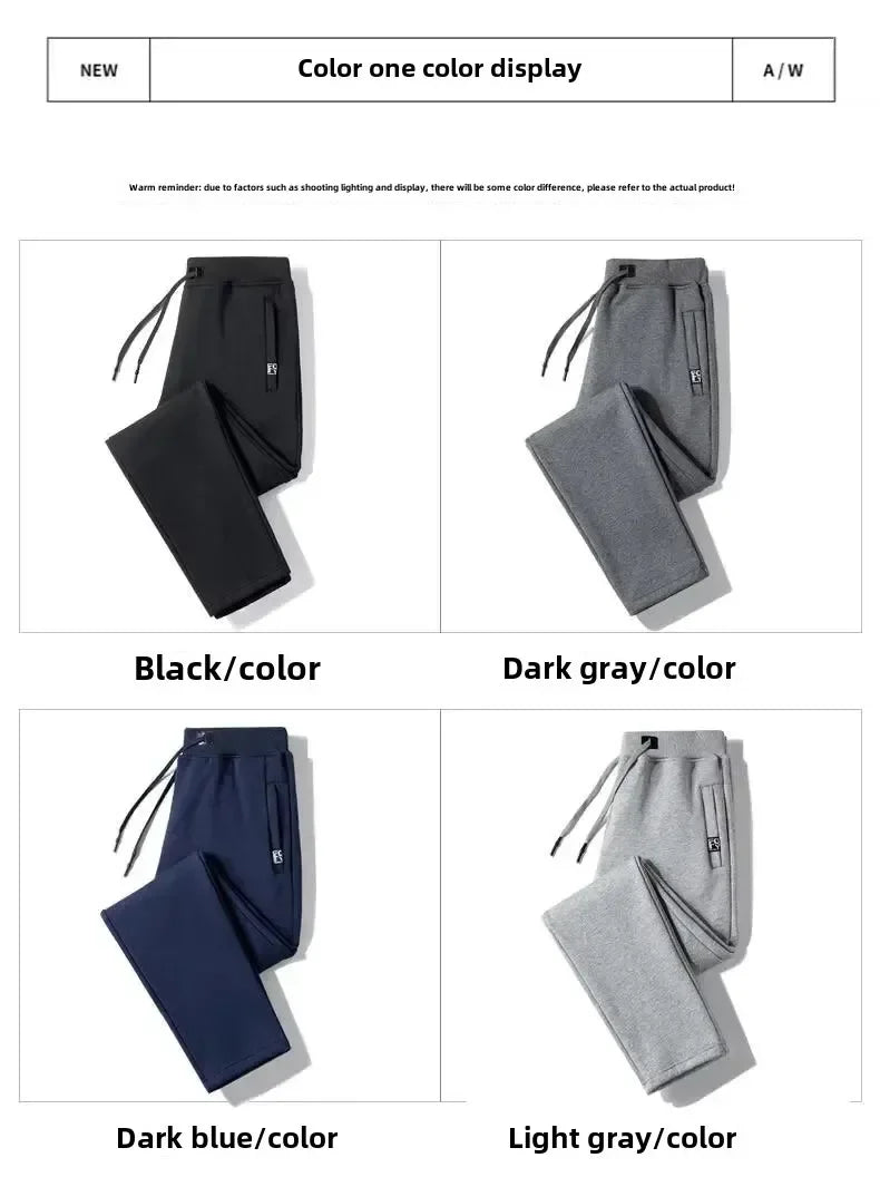 Men's Autumn/Winter Fleece-Lined and Thickened Sweatpants Versatile Casual Straight-Leg Pants Loose-Fitzip-Upocket Solid Color W