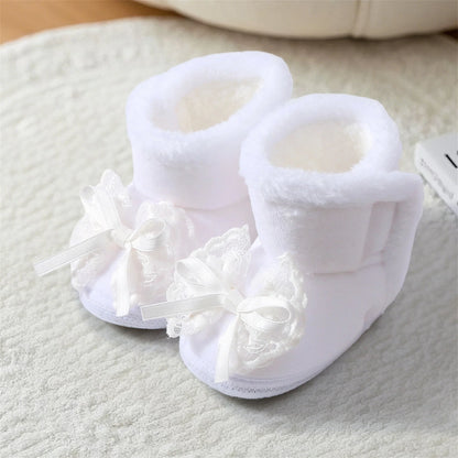 Cute Baby Girls Winter Boots Warm Faux Fur Lined Soft Sole Bowknot Non-slip First Walker Shoes for Toddler Girls