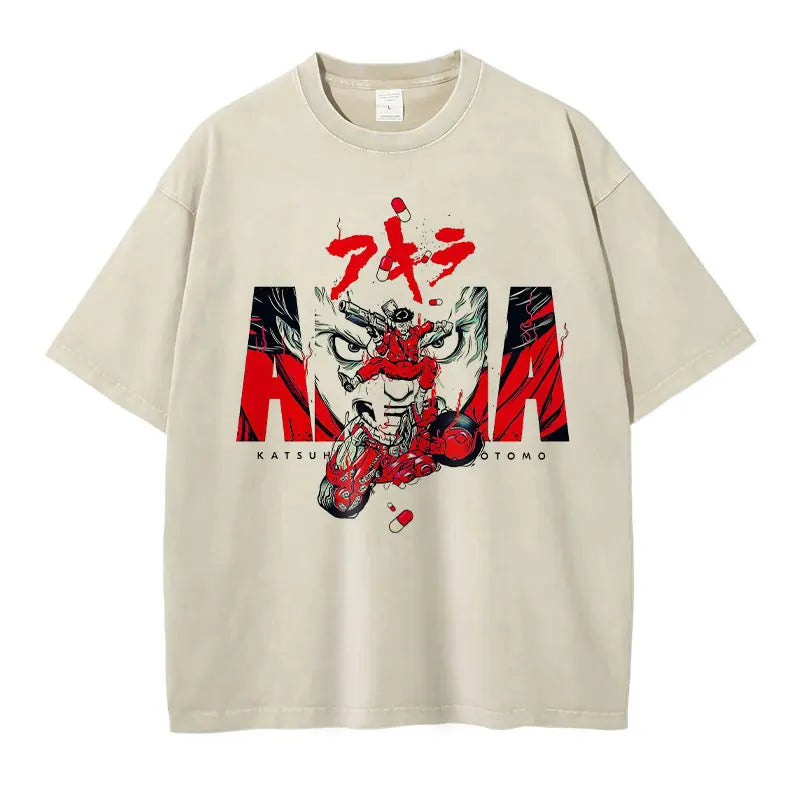 Anime Akira T-shirts Oversized Streetwear Vintage Washed Kaneda Shoutarou T Shirt Short Sleeve Retro Manga Tops Tees Men Cotton