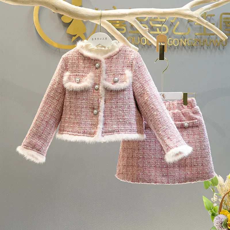 Kids 2Pcs Tweed Clothes Sets Girl Fashion Spring Winter Children Suits for 1-10Ys Elegant Sweet Outfit Kids Clothes
