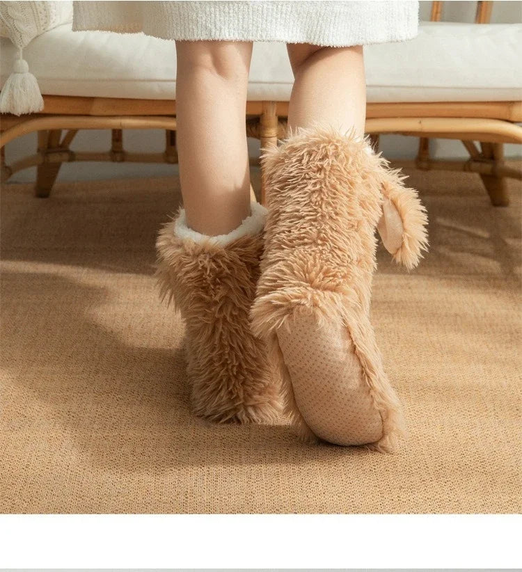 Women's Men Winter Kawaii Big Eyes Slipper Socks with Puppy Ears Cartoon Non-slip Floor Socks Warm Thickened Coral Stockings  ﻿