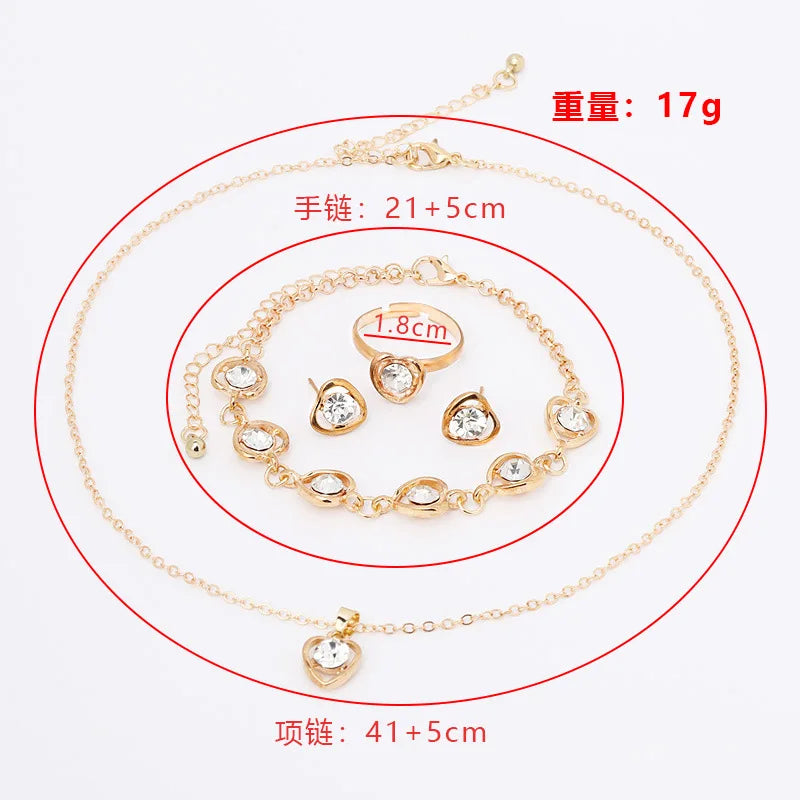 Women Crystal Love Jewelry 4 Piece Set Fashionable Elegant High End Peach Heart Necklace Earrings Rings Bracelets Necklace Set