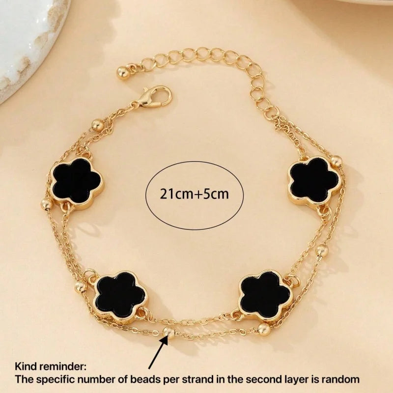 Elegant Double Layer Five-Leaf Clover Anklet for Women Exquisite Lucky Floral Summer Beach Hoilday Jewelry Gifts