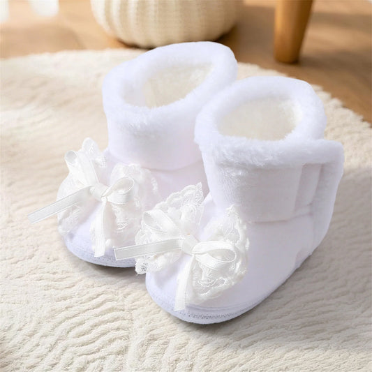 Cute Baby Girls Winter Boots Warm Faux Fur Lined Soft Sole Bowknot Non-slip First Walker Shoes for Toddler Girls