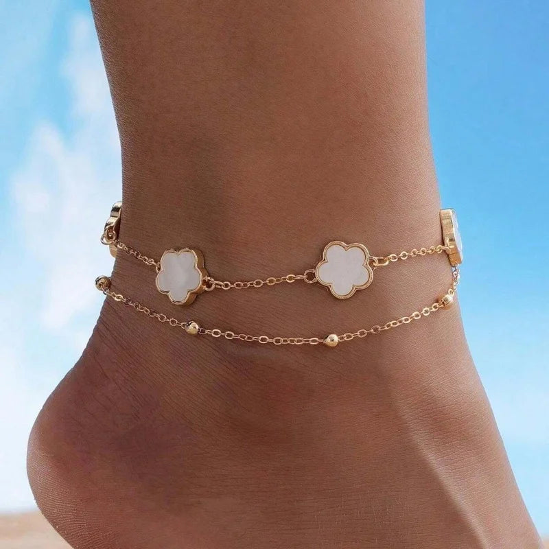 Elegant Double Layer Five-Leaf Clover Anklet for Women Exquisite Lucky Floral Summer Beach Hoilday Jewelry Gifts
