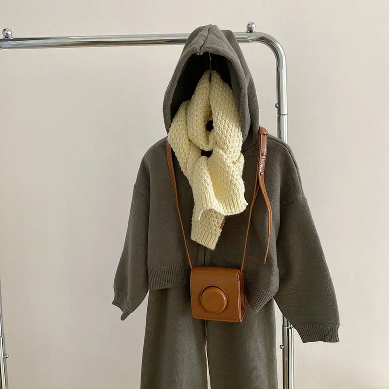 Children Clothing 2022 Autumn Winter Girls Casual Sweater Set Hooded Knitted Coat and Pants Two Piece Set Korean Kids Clothes