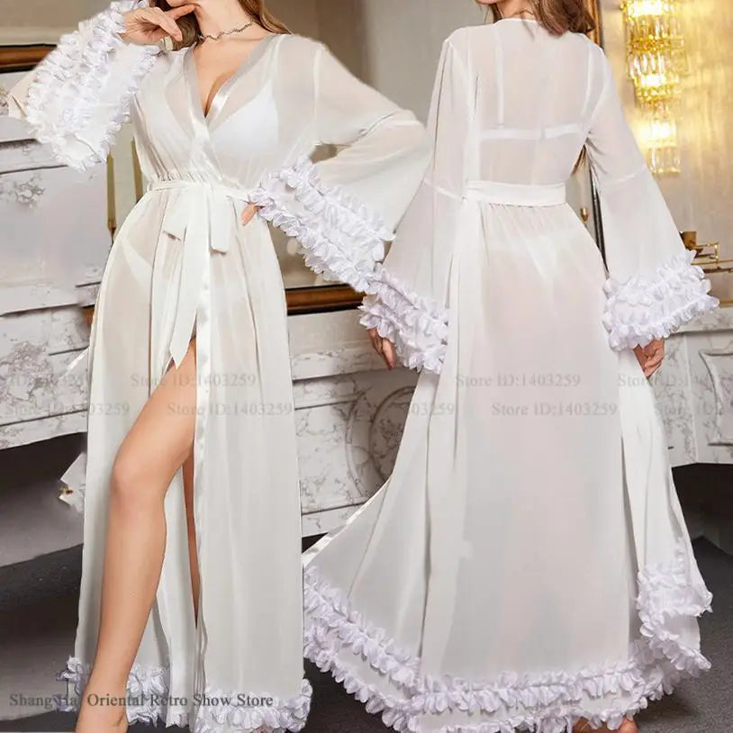 Bride Bridesmaid Wedding Robe Dress Long Bathrobe Sexy White Lace Perspective Sleepwear Home Clothes Loose Nightgown Loungewear