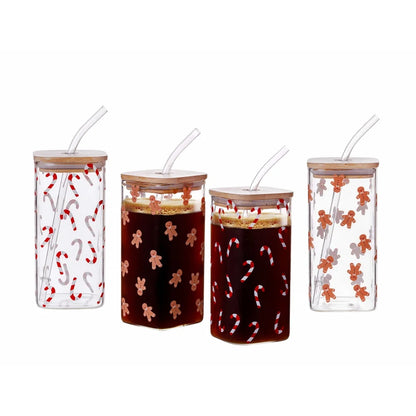 Gingerbread Man Candy Cane Clear Glass Sipper Set 4pack Durable Borosilicate Square Mug with Bamboo Lid and Straw Holiday