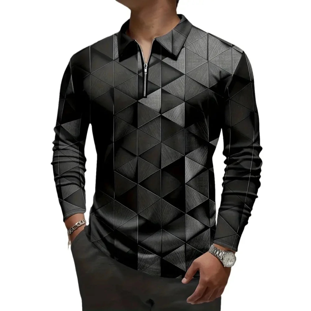 Mens Polo Shirts Cool 3D Geometric Print Casual Lapel Golf Wear Men's T-Shirt Tops Street Sports Zipper Long Sleeve Men Clothing