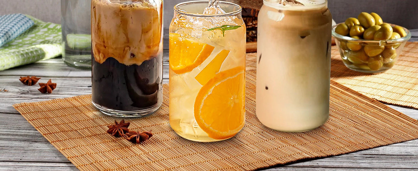 Drinking Glasses with Bamboo Lids and Glass Straw 2PCS Set, 16oz Glass Cups with Lids and Straws, Beer, Iced Coffee Glasses, Sod