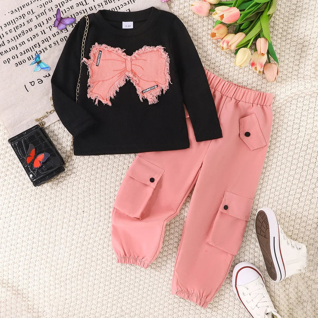 Kids Girls Two-piece Set Butterfly Appliqué Top with Cargo Pants Children Autumn and Winter Trousers New 2pcs/set Fashionable