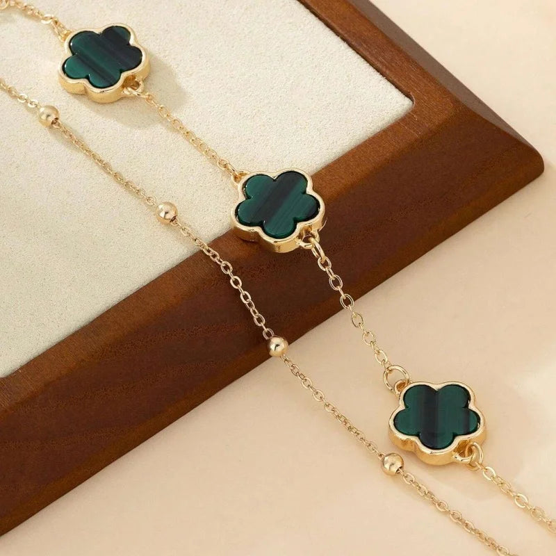 Elegant Double Layer Five-Leaf Clover Anklet for Women Exquisite Lucky Floral Summer Beach Hoilday Jewelry Gifts